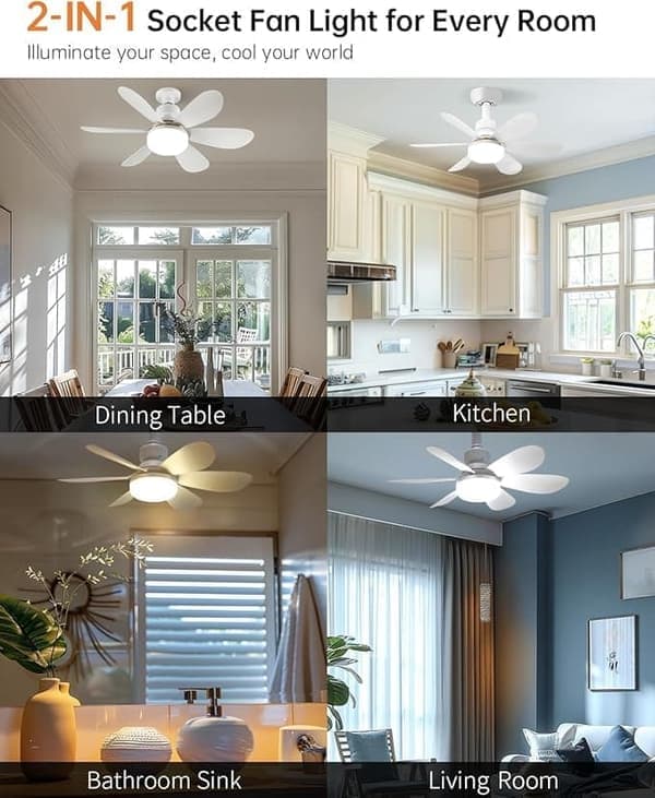 E27 Ceiling Fan with Lamp & Remote Control – Silent Fan, 3-Color Dimmable LED for Bedroom/Kitchen