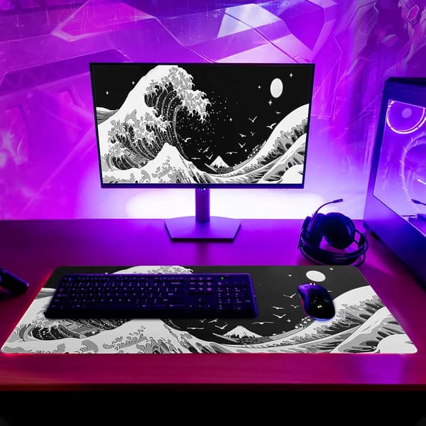 Black Ocean Wave Mouse Pad Abstract Black Gaming Mouse Pad 80x30 cm Ocean Wave Texture Non-Slip Rubber Base Wave Large Mouse Pad Stitched Edges