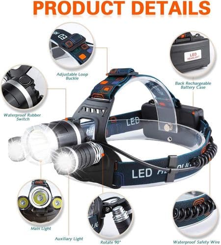 Genopladelig LED-pandelygte, 5000 Lumen Løbepandelygte,