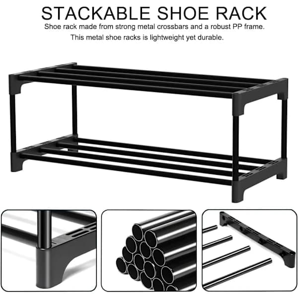 2-tier Narrow Shoe Rack, Stackable Metal and PP Space-Saving Shoe Storage for Dorm Room, Apartment, Balcony, Entryway, Black