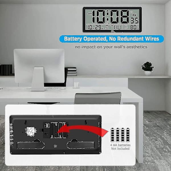 Large Digital Wall Clock - 35.5 cm Battery Operated Desk Clock with Temperature, Date, and Large Second Display