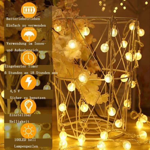 Globelys med batteridrift, RJEDL 12m 100 LED krystallkulelys