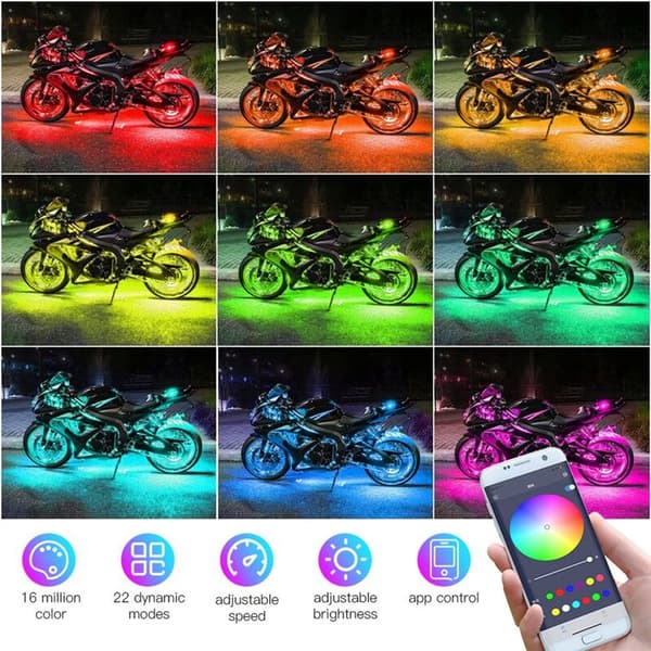 Motorsykkel LED Underglow Kit, Vanntette RGB Lysstriper, 12 stk
