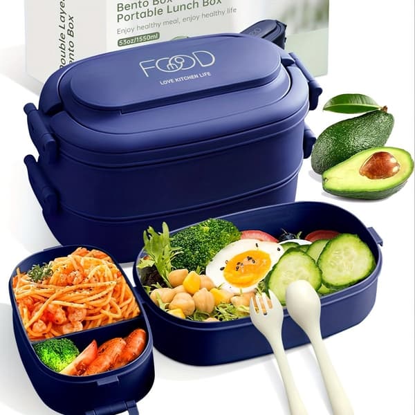 Bento Lunch Box 1550ml Stackable 3 Compartments BPA-Free PP With Cutlery Set Leakproof Microwave Safe For Work School Meal Prep Navy Blue