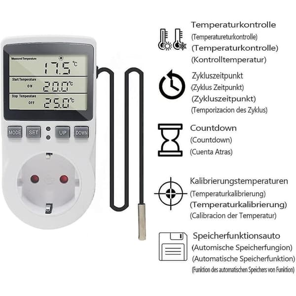 230V Digital Termostat – Temperaturregulerende Uttak med Sensor – Timer og Strømbryter for Drivhus og Akvarier