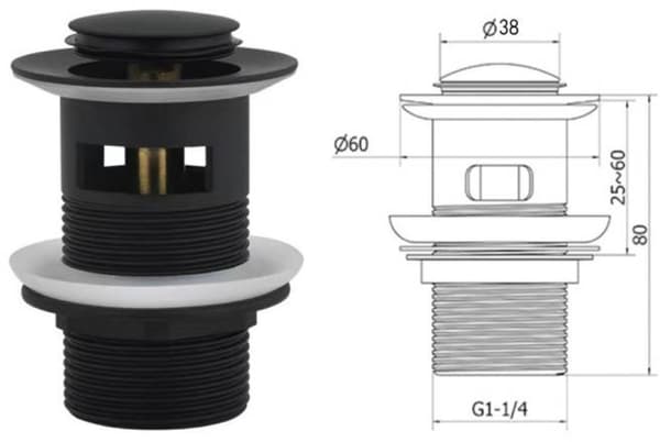 Sink drain with overflow, universal sink drain, pop-up drain with overflow, matte black