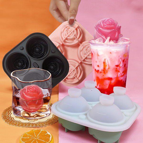 Silikonisbitsformar 4 hålrum Lättsläppta isformar Ice Rose Shape Maker för drycker Orange Orange