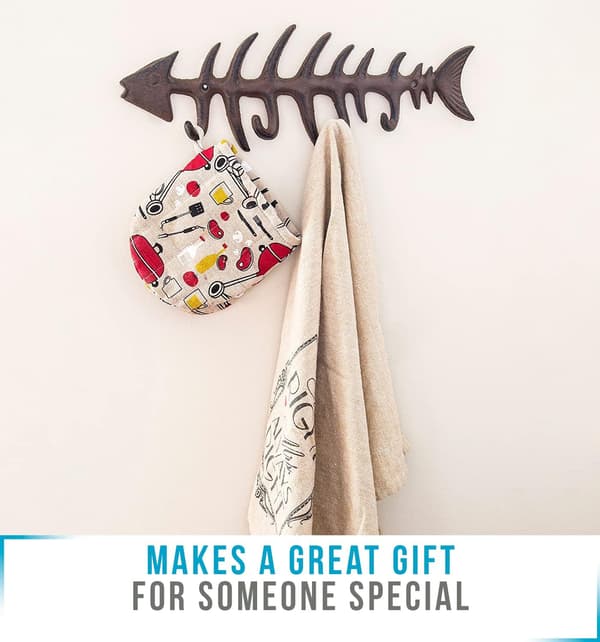 Stylish Cast Iron Coat Rack, Herringbone Decorative Wall Mounted Towel Rack with 4 'Fish' Hooks - Includes Screws and Plugs