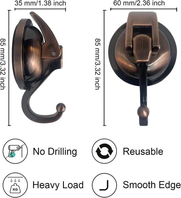 Suction Cup Hook, Strong and Sturdy Hook, Vacuum Suction Cup Shower Hook, Reusable, Bathroom, Kitchen, Toilet, (2 Pieces, Bronze)