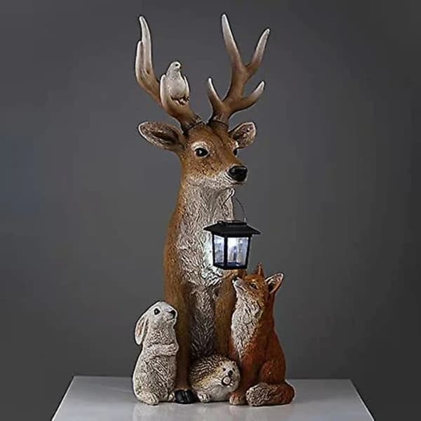 Solcellelampe for hage - Utendørsdekorasjon - Hjortestatue med solcellelampe - Håndmalte dyr i harpiks