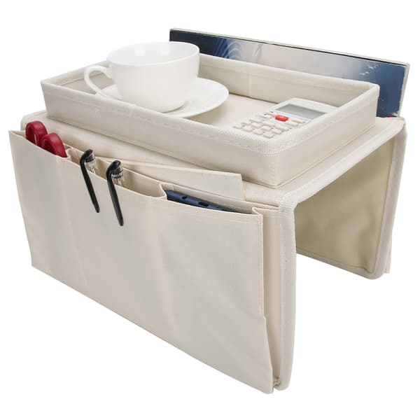 4 lommer sofa armlene TV fjernkontroll Organizer Lenestol Sofaveske med koppholderbrett Beige