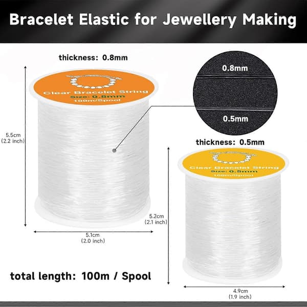 Elastic Thread for Bracelets, 2 Rolls 0.5mm, 0.8mm Elastic Thread for Bracelets for DIY Jewelry Making, Necklaces, Bracelets, Crafts (100m/Spool)