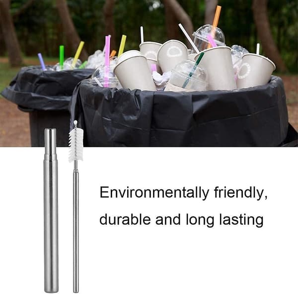 Reusable Stainless Steel Travel Straw Portable Foldable Retractable Straw Kit With Cleaning Brush (1 Set)