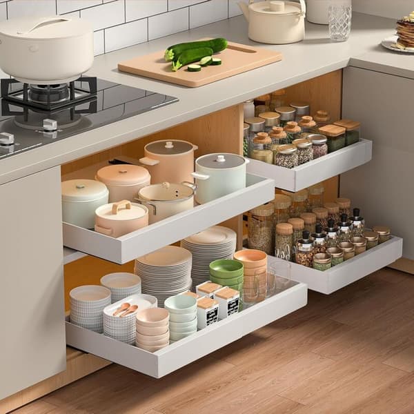 Extendable Kitchen Drawer Telescopic: Adjustable Width Cabinet Organizer (32-50cm W x 43cm D x 7cm H) - No Drilling White