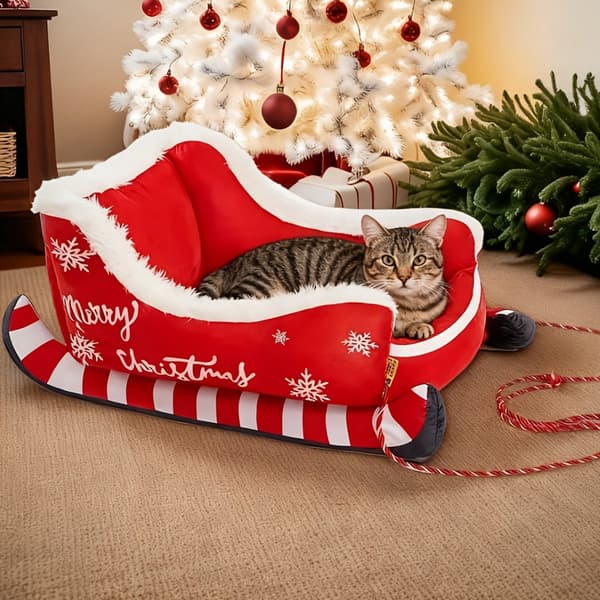 Christmas Plush Sleigh Dog Bed - Red and White with Snowflakes ...