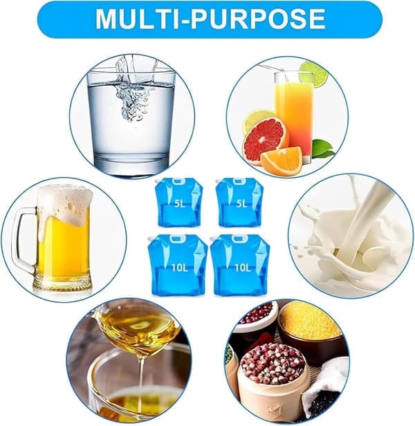 4-pack Foldable Water Containers, Portable Water Carrier with Tight-fitting Lid for Outdoor Use and Camping Accessories