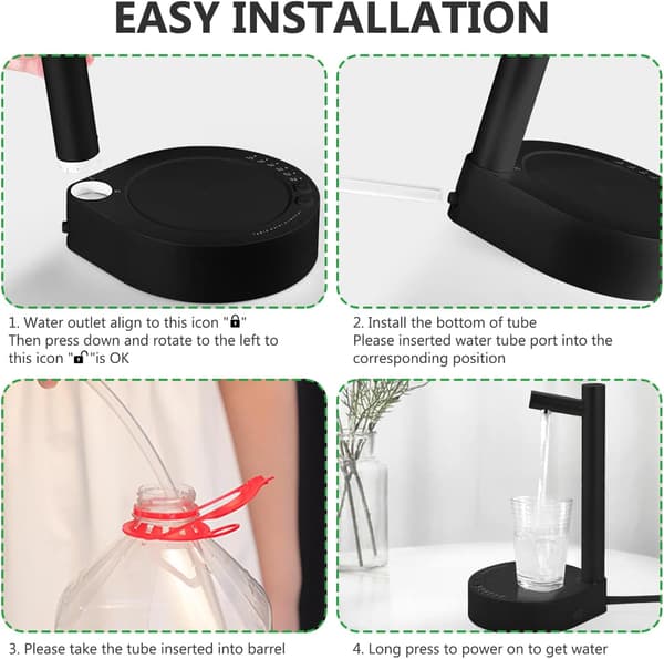 Bærbar elektrisk vanndispenser med justerbar, kvantitativ dosering; egnet for hjemme- og kontorbruk