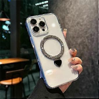 Kompatibelt deksel til iPhone 16 Pro Max TPU + akryl gjennomsiktig telefondeksel med glitterringstativ (grå)