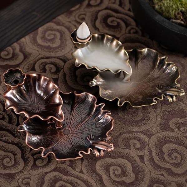 Alloy Lotus Leaf Backflow Incense Burner Antique Indoor Incense Burner (Bronze)