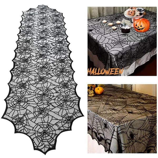 Halloween Dekoration Blonde Edderkoppespind Skelet Dødningehoved Dug Sort KLB