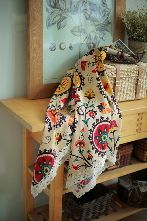 Vintage spets solros duk, linne broderad (140*220cm)