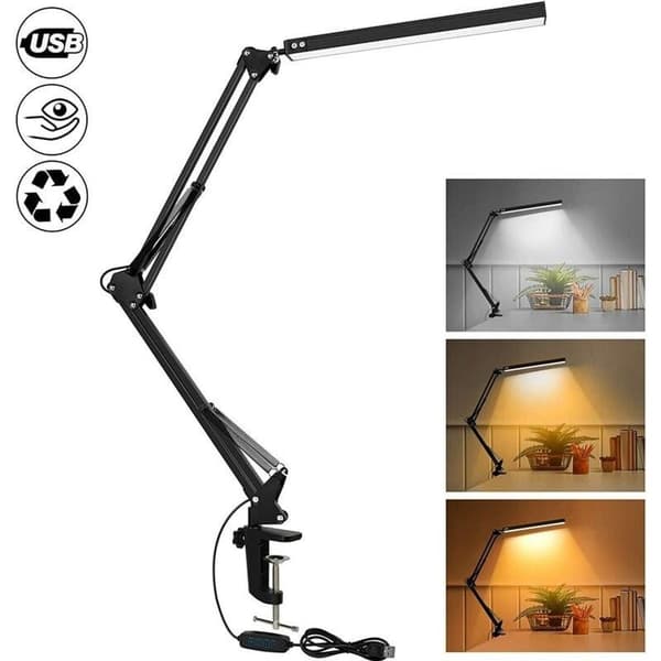 Dimmable LED Desk Lamp with Clamp, 3 Color Modes, Swing Arm Lamp