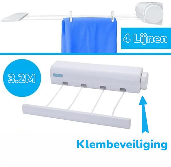 Retractable Clothesline Wall Mounted Drying Rack With 4 Lines Automatic Retraction 3.2m Space Saving For Indoor Outdoor Laundry White