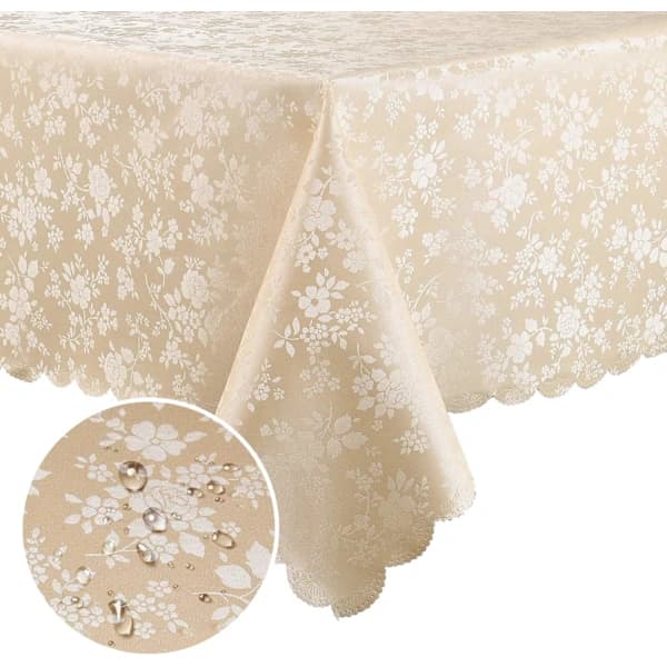 Waterproof Vinyl Tablecloth, Rectangular Heavy Duty Tablecloth, Wipeable Tablecloth for Kitchen and Dining Room (Beige, 52\" X 70\")