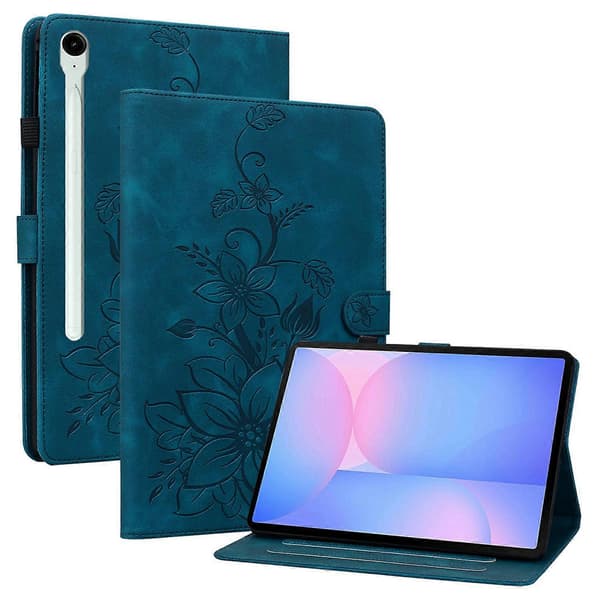Etui til Samsung Galaxy Tab S10 FE+ Liljeblomst Aftryk Kortpladser Læder Tablet Beskyttelse Blå