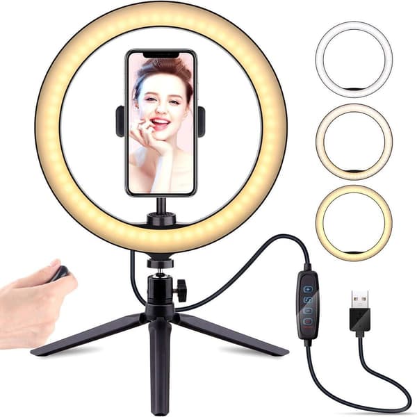 10-tommer Selfie-ringlys med stativ, dæmpbar LED-bordlampe, kameraringlys med KLB