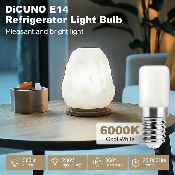 E14 LED Refrigerator Bulb, Cool White 6000K, 2W Replaces 30W Halogen Refrigerator Bulb, 300lm, Small Screw Base LED Bulb, 2 Units
