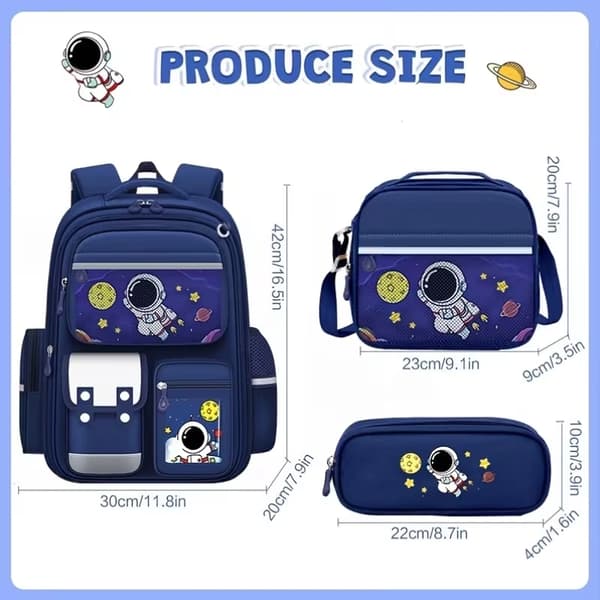 Astronaut-themed 3-piece student backpack set: a high-capacity, ergonomic, and load-reducing backpack with a colorful cartoon design