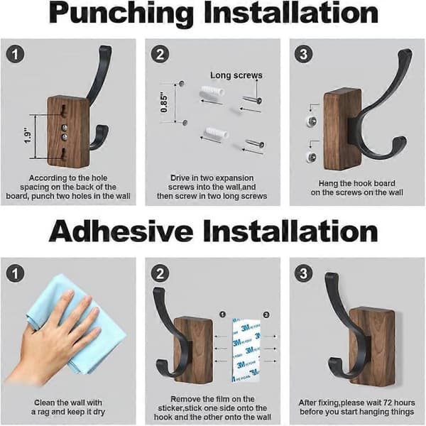 Walnut Wood Wall Hooks Set of 4 Self-Adhesive and Wall-Mounted Rustic Coat Hooks for Entryway Hall Brown Black