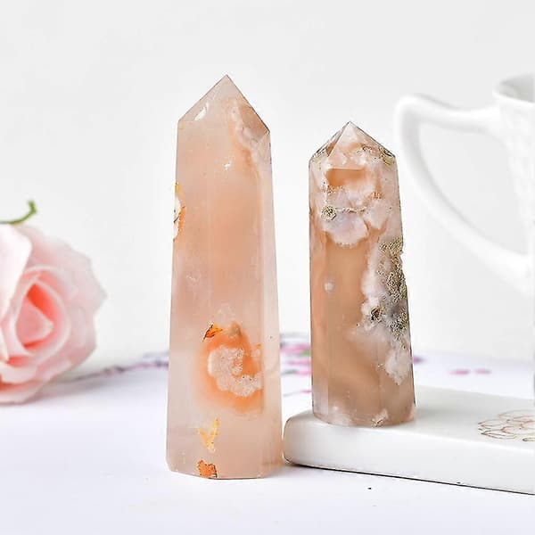 Natural Crystal Quartz Point Healing Stone Cherry Blossom Agate Hexagonal Prisms Obelisk Wand Stone