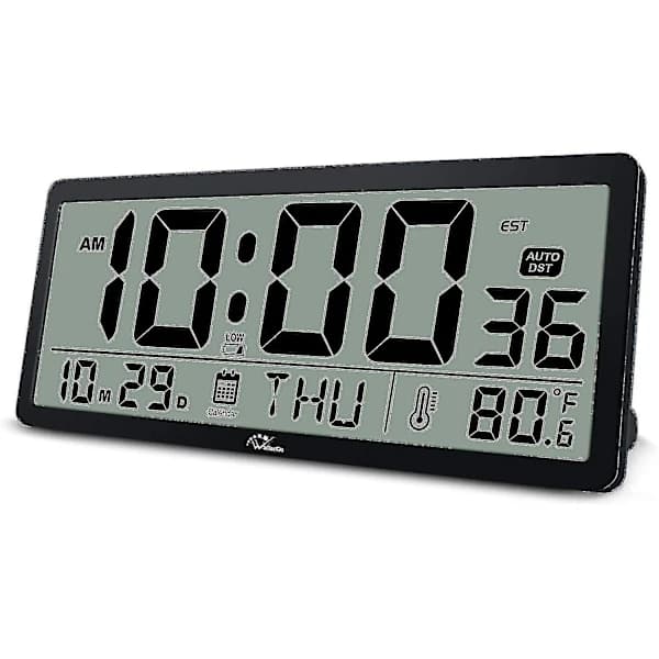 Large Digital Wall Clock - 35.5 cm Battery Operated Desk Clock with Temperature, Date, and Large Second Display