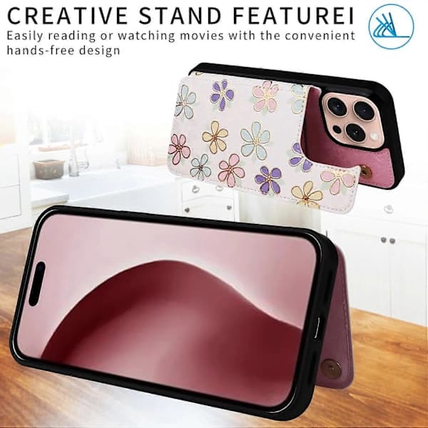 Til iPhone 16 Pro Cover Blomster Læder+TPU RFID Blokerende Kortlomme Telefoncover