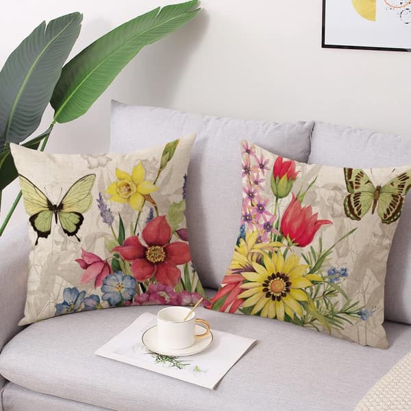 4 örngott - 45*45 cm, linne, blomma fjärilsmönster - ingen kärna - för soffa, vardagsrum, utomhus - vit