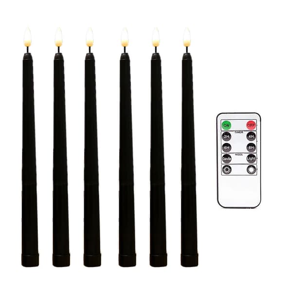 6 Pcs Flameless Black Taper Candles with Flicker, 10-Key Remote Control with Timer, Battery Operated LED Lights