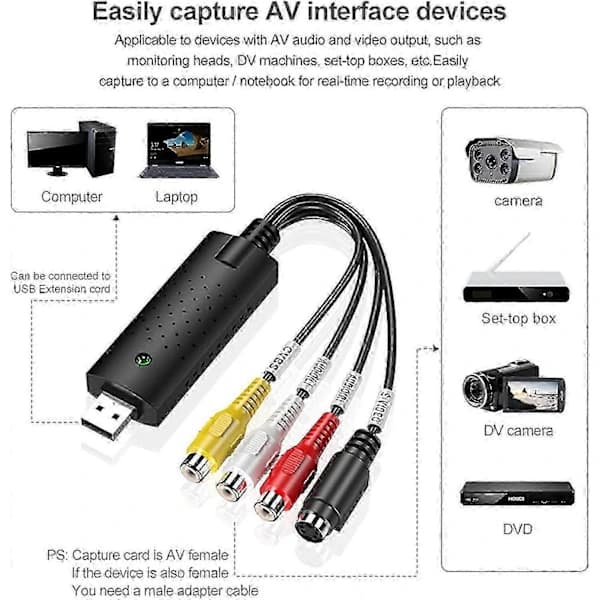 VHS til Digital Konverter, Hi8 VHS til DVD Video Capture Card, Digital Video Audio Konverter Adapter, VHS til USB Konverter, DVD, USB 2.0 til Wi...