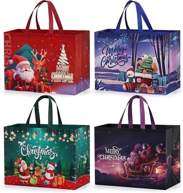 för Jul Stora Presentpåsar - 43 x 32.5 x 18 cm, Non-woven julpåsar med handtag, påsar med jultomte, älg, julgransdesign