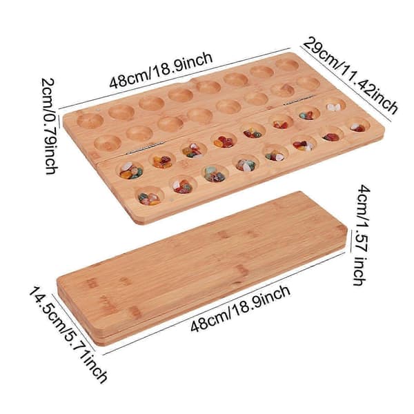 Mancala Strategispel i Trä, Vikbart med 65 Glasstenar, Perfekt för Familjespel