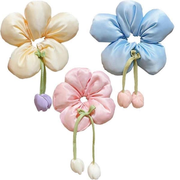 Blomsterformet scrunchie-hårstrikk for jenter, elastisk hårstrikk for barn, stoffsløyfer, hestehaleholder, barnetilbehør, rosa Blue