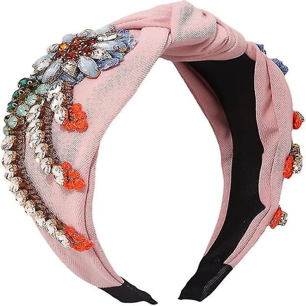 Retro Bred Hårbøyle Boho Rhinestone Pannebånd Stoff Krystall Diamant Hodeplagg - Q1 pink