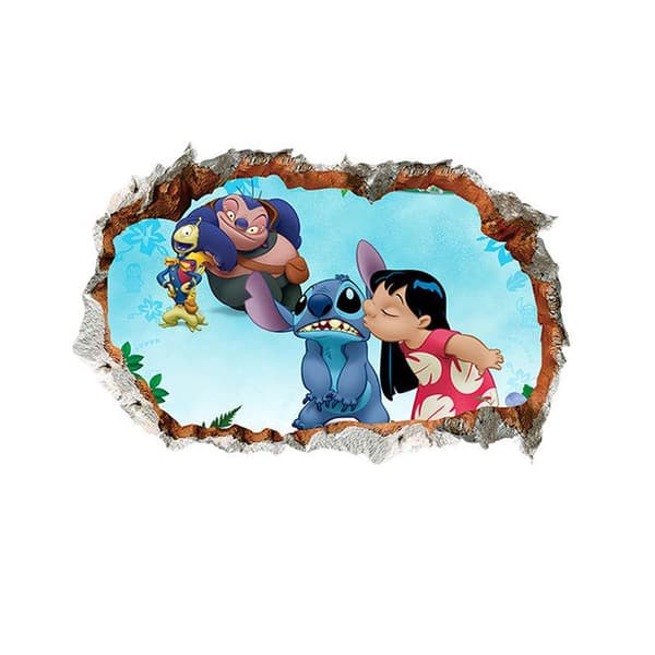 Stitch väggdekaler 3D trasig vägg tecknade klistermärken barn
