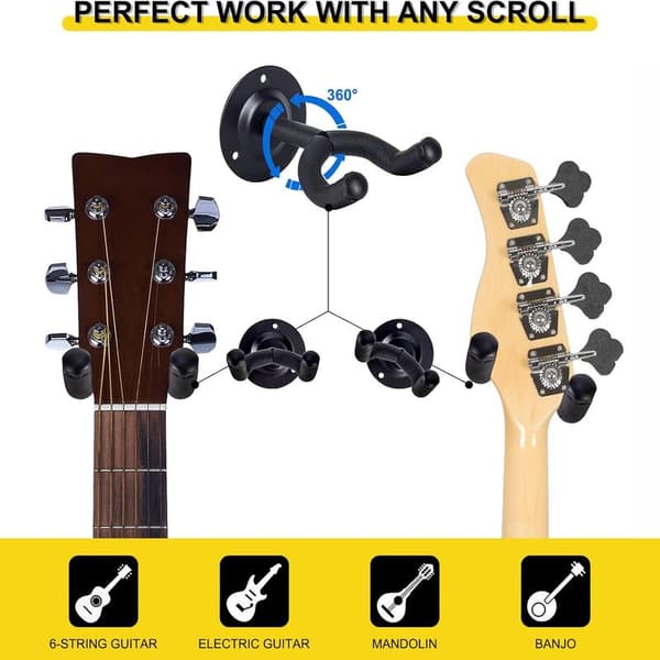 2-PACK Gitarrväggfäste, Svart Metall Väggmonterat Gitarrställ Hängare Hållare Ställ för Akustisk Elgitarr Bas Folkgitarr Ukulele Mandolin Banjo