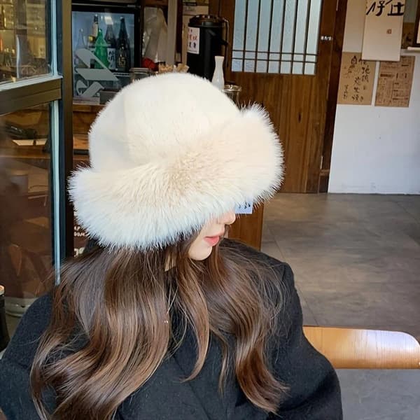 Blød og fluffy bucket hat i imiteret pels – Dame oversized varm vinterhat (Hvid - 1 hat) off-white