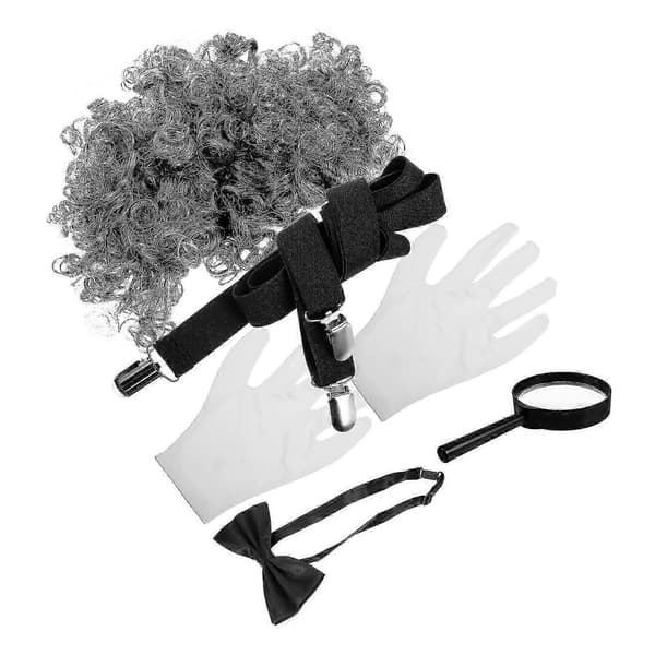 Bachelor-cosplaykit för män med peruk, handskar, fluga och förstoringsglas