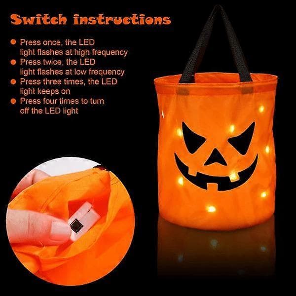 2 stk. Oplyst LED Halloween Trick or Treat Græskar Slikpose Stor Taske Sammenklappelig 0.2