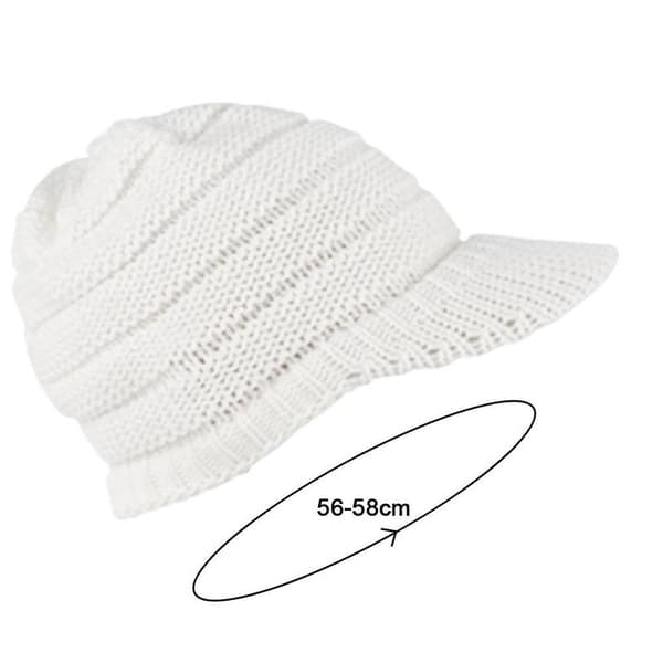 Vintermössa för kvinnor, stickad mössa med bred skärm, varm mössa med visir Vit White