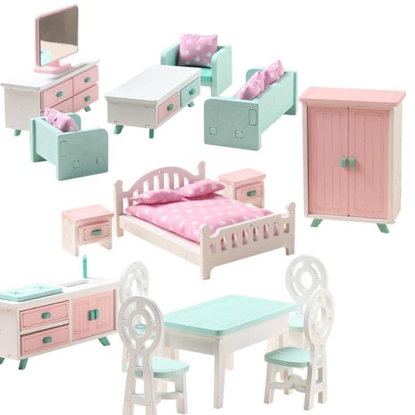 Flickor Trä Rosa Sovrum Lekset Låtsaslek Dockhus Möbler Set Simulering Miniatyr Display Modell 0.5